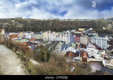 View of Burghausen city center from Burghausen castle, Germany, Europe Stock Photo