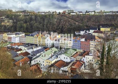 View of Burghausen city center from Burghausen castle, Germany, Europe Stock Photo