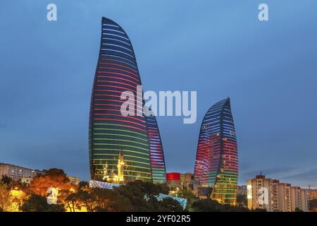 View of Flame Towers in evening, Baku, Azerbaijan, Asia Stock Photo