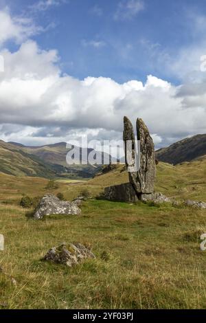 Fionn's Rock, also Praying Hands of Mary, according to legend split by Celt Fingal, also Fionn mac Cumhaill, rock formation, Aberfeldy, Highlands, Sco Stock Photo