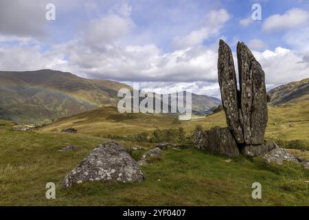 Fionn's Rock, also Praying Hands of Mary, according to legend split by Celt Fingal, also Fionn mac Cumhaill, rock formation, Aberfeldy, Highlands, Sco Stock Photo