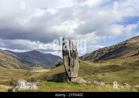 Fionn's Rock, also Praying Hands of Mary, according to legend split by Celt Fingal, also Fionn mac Cumhaill, rock formation, Aberfeldy, Highlands, Sco Stock Photo