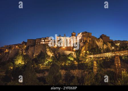 Night view of famous hanging houses in Cuenca, Spain, Europe Stock Photo