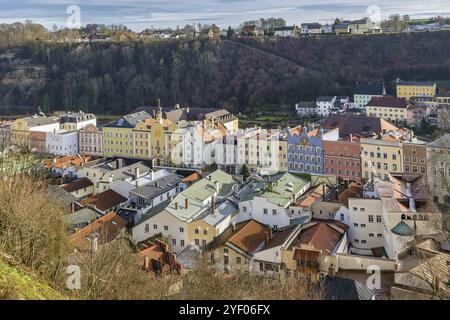 View of Burghausen city center from Burghausen castle, Germany, Europe Stock Photo