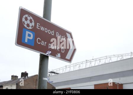 A general view of a street sign pointing towards Ewood Park, Blackburn ahead of the Sky Bet Championship match between Blackburn Rovers and Sheffield United. Picture date: Saturday November 2, 2024. Stock Photo