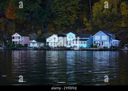 Row of multicolored houses on a lake Stock Photo