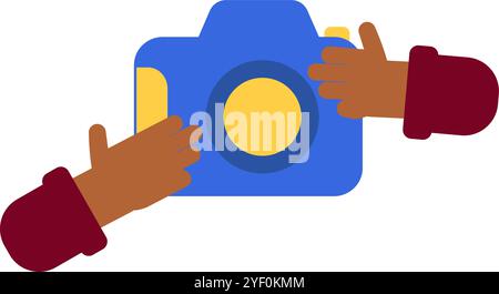 Vector illustration of hands taking a picture with a colorful camera in a flat cartoon style. Festivals and picturesque places. Tourism, traveling in Stock Vector