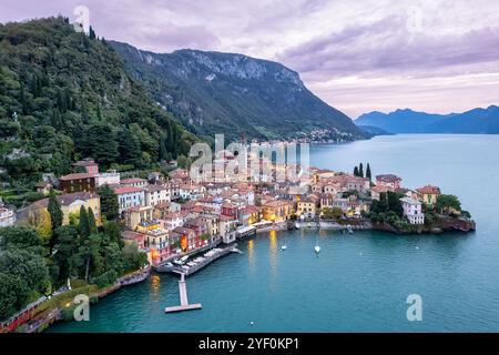 Aerial view of Varenna Village on shore of Lake Como at dusk, Lombardy, Italy Stock Photo