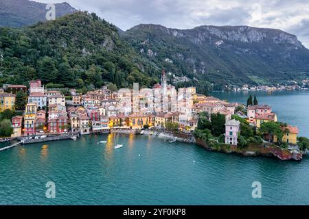 Aerial view of Varenna Village on shore of Lake Como at dusk, Lombardy, Italy Stock Photo