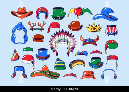 Set of vector graphic headwear illustrations in cartoon style. Uniform, vintage, retro headdress for different occasions. Headwear clipart collection Stock Vector