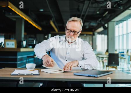 Mature businessman working while sitting in the office. A middle-aged executive is working in the office using a laptop. Emotional businessman Stock Photo