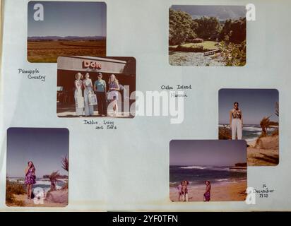 Scrapbook page of snapshots from a flight attendant's layover in Hawaii in 1973, Oahu, Hawaii, USA Stock Photo