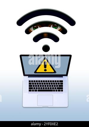 Eyes stare out of your WiFI icon as they listen and see your wifi data on your home network or on public wifi. This is a 3-d illustration. Stock Photo