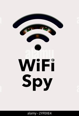 Eyes stare out of your WiFI icon as they listen and see your wifi data on your home network or on public wifi. This is a 3-d illustration. Stock Photo