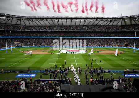 London, UK. 02nd Nov, 2024. 2nd November 2024; Allianz Stadium, London, England: Autumn Rugby International, England versus New Zealand; the teams take to the pitch Credit: Action Plus Sports Images/Alamy Live News Stock Photo