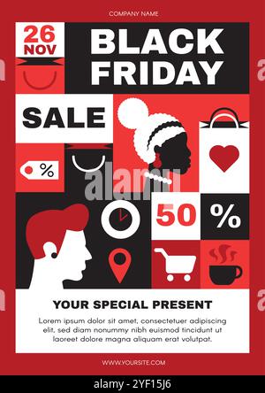 Black Friday shopping poster template in a bright modern style. Banner for bargain shopping and good service, promotion, online retailing discounts on Stock Vector