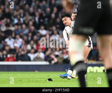 London, UK. 02nd Nov, 2024. 2nd November 2024; Allianz Stadium, London, England: Autumn Rugby International, England versus New Zealand; Marcus Smith of England watches his penalty kick go through the posts for 12-14 Credit: Action Plus Sports Images/Alamy Live News Stock Photo