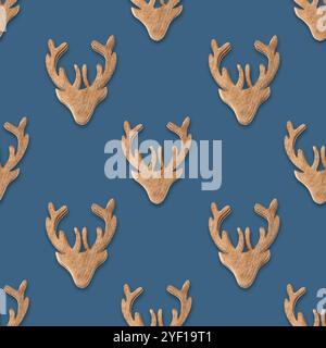Seamless pattern of Christmas wooden reindeer on neutral beige background in Scandinavian style. Xmas scandi abstract wallpaper for fabric prints or w Stock Photo