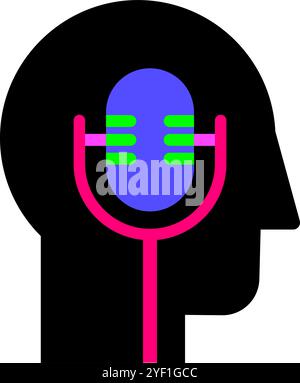 Vector neon illustration of a human profile with a microphone in a flat style. The power of voice and communication in the digital age. Symbol of onli Stock Vector