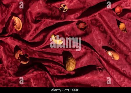 Dark red silk texture. Closeup Stock Photo