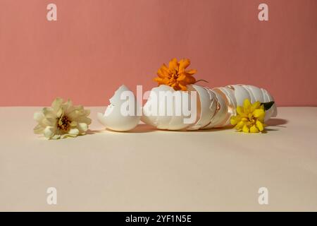 White eggshells with flowers arranged in a horizontal row on a pink background. Still life Stock Photo