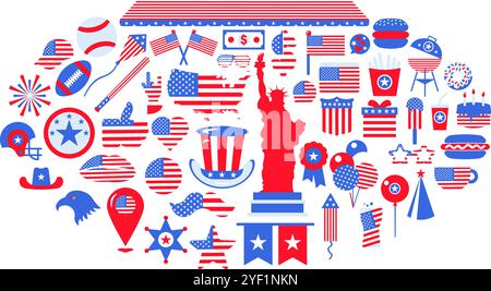 Vector collection of American flag-themed icons, all set against a backdrop of grey. Objects that are associated with America, such as a baseball equi Stock Vector