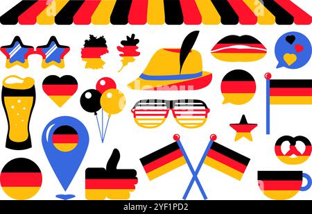 A vibrant set of vector illustrations of a in colors of German flag in a cartoon style. Collection of clip art: kissing lips, flags, emblems, decorati Stock Vector