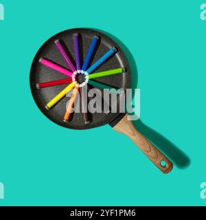 Iron pan with colorful markers inside on a mint green background. Top view, flat lay, minimal concept. Stock Photo