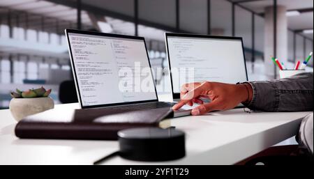 Web Developer Programming In Office. Agile Code On Laptop Stock Photo