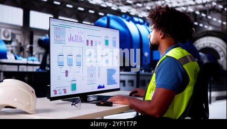 African American Man Controlling Heating Pipes At Gas Plant Stock Photo