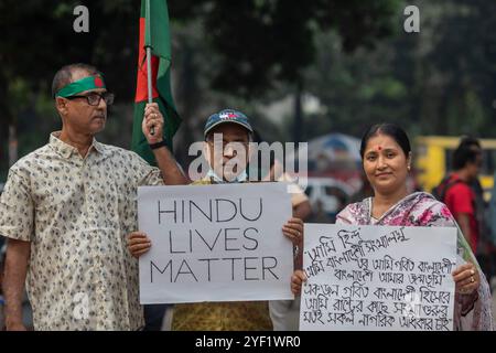 Dhaka, Bangladesh. 02nd Nov, 2024. Bangladeshi Hindu protesters hold placards during the demonstration at The Shaheed Minar. Bangladeshi Hindu and other minorities groups participated in a protest to demand that an interim government withdraws all cases against their leaders and protect them from attacks and harassment in Dhaka, Bangladesh. Credit: SOPA Images Limited/Alamy Live News Stock Photo