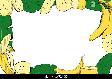 Graphic rectangle frame with banana tree leaves and bananas slices. Vector Hand drawn botanical illustration isolated on white background. For clip ar Stock Vector