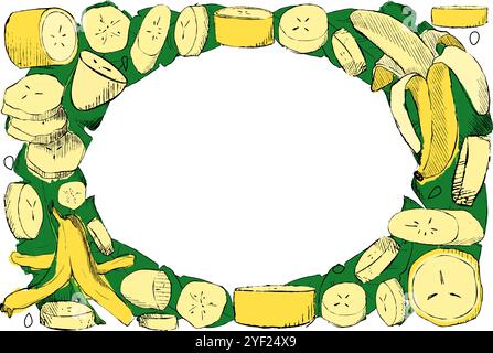 Oval ellipse Frame made of graphic Yellow Bananas and green tropical leaves on white background. Single Banana, Peeled Bunch, Slices vector illustrati Stock Vector