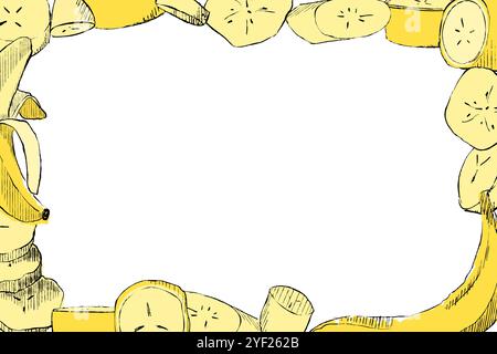 Fresh ripe yellow banana rectangle frame. Watercolor hand drawn illustration, isolated on white background Stock Vector