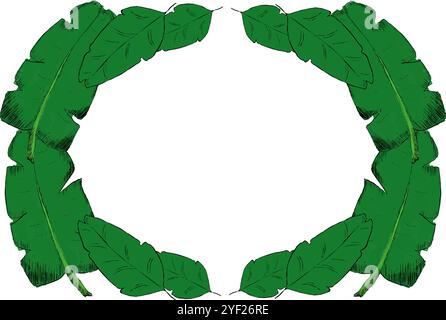 Tropical graphic oval ellipse frame with flowers and leaves. Hand-painted background with place for text. Vector Beautiful decoration for wedding and Stock Vector