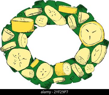 Frame oval ellipse made of Graphic Yellow Bananas slices and green leaves on white background. vector template for your text Stock Vector