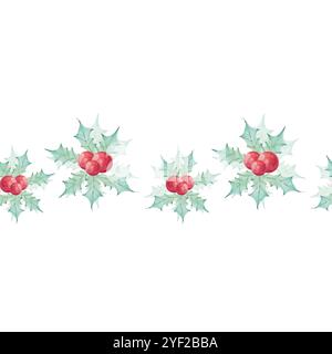 Christmas seamless border - watercolor bouquet with holly green leaves and red berries. Winter composition, decor in retro style. Celebrate design Stock Vector
