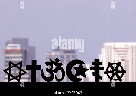 Religious symbols of Catholicism, Islam, Judaism, Orthodoxy, Protestant, Buddhism and Hinduism. interreligious, interfaith dialogue and spirituality concept. Symbol religion 016811 265 Stock Photo