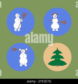 Christmas icons made of pixels with the image of a snowman with a broom in different positions Stock Vector