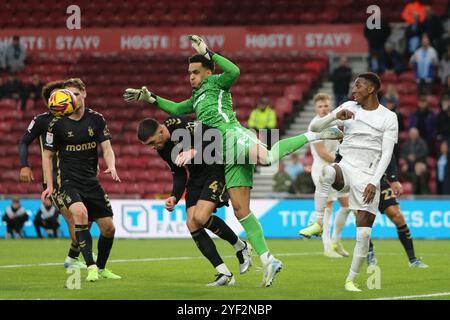 Coventry City Goalkeeper Oliver Dovin spills a cross during the Sky Bet Championship match between Middlesbrough and Coventry City at the Riverside Stadium, Middlesbrough on Saturday 2nd November 2024. (Photo: Michael Driver | MI News) Credit: MI News & Sport /Alamy Live News Stock Photo