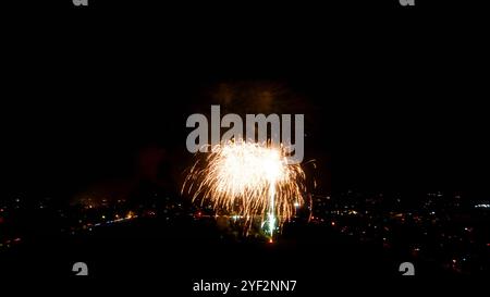 A night sky with a single burst of fireworks in the center. The fireworks are white and gold and appear to be exploding upwards against a dark backgro Stock Photo
