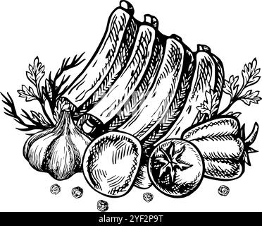 Ribs with vegetables. Vector graphics with barbecue image. A black and white hand-drawn illustration of the dish. On a white background. For a menu, p Stock Vector