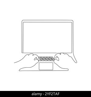 Hands typing on laptop. Continuous one line drawing. Work, study ...