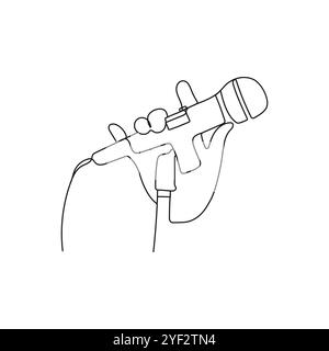 Hand holding wired microphone. One line art. Standing microphone. Hand drawn vector illustration. Stock Vector