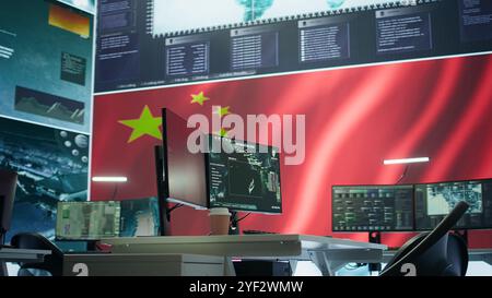 Empty chinese military base monitoring room working on spreading fake ...