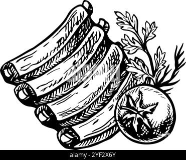 Ribs with vegetables. Vector graphics with barbecue image. A black and white hand-drawn illustration of the dish. On a white background. For a menu, p Stock Vector