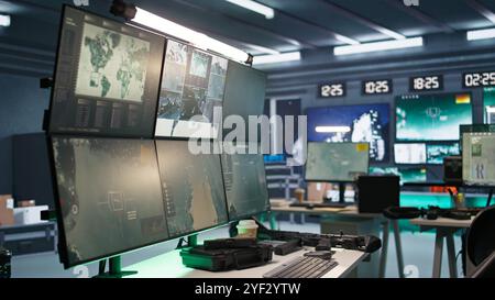 Empty army command center monitoring room agency with the russian flag ...