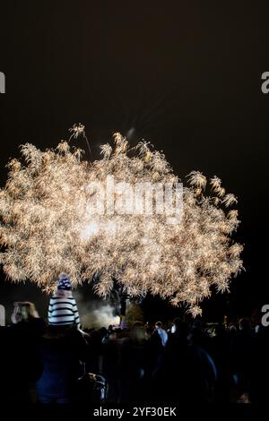 Crowds watching the Bicester Round Table 2024 annual fireworks display in Pingle Field, Bicester, Oxfordshire. Stock Photo