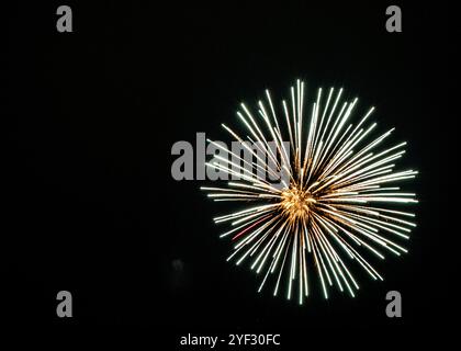 Crowds watching the Bicester Round Table 2024 annual fireworks display in Pingle Field, Bicester, Oxfordshire. Stock Photo