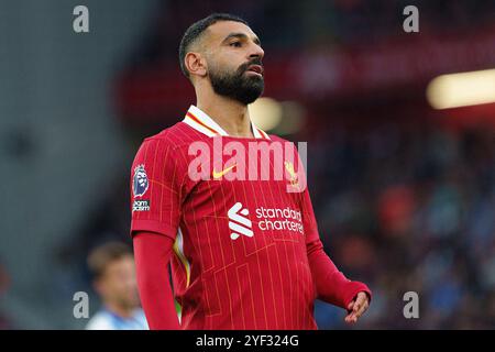 Liverpool, UK. 2nd Nov 2024. Liverpool's Mohamed Salah in action during the Premier League match between Liverpool and Brighton and Hove Albion at Anfield, Liverpool on Saturday 2nd November 2024. (Photo: Steven Halliwell | MI News) Credit: MI News & Sport /Alamy Live News Stock Photo